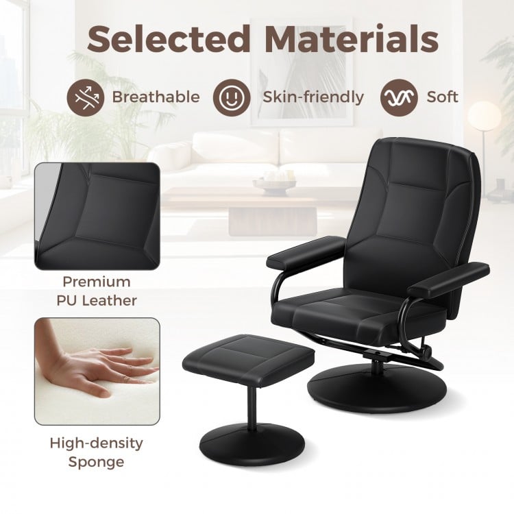 Black swivel lounge chair recliner with ottoman, featuring eco-friendly leather and overstuffed padding for comfort.